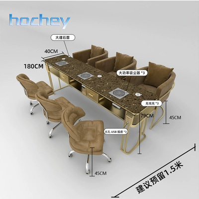 Hochey Luxury Gold Metal Desk Marble Top Light Luxury Manicure Table Light Manicure Table with Dust Collector