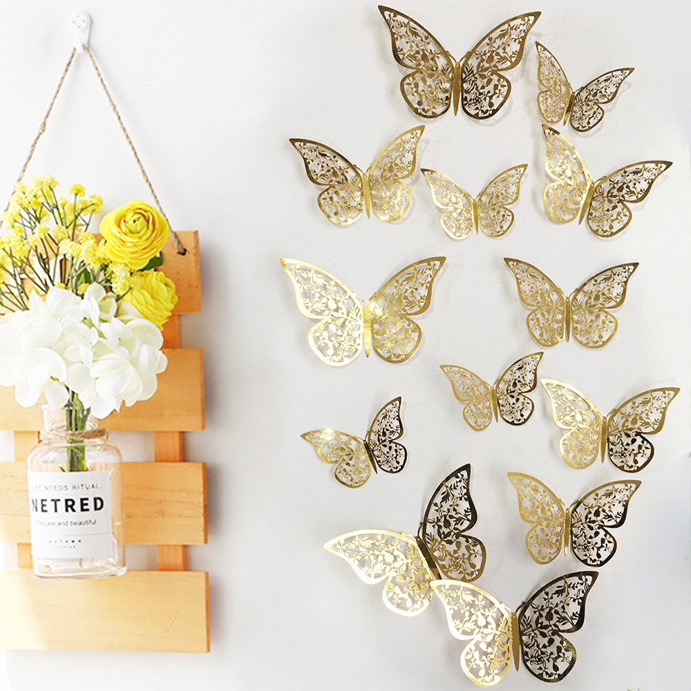 Hot Sale 12 pcs/set 3D Paper Butterfly Wall Sticker Lovely Butterfly Wall Decal Wedding Party Decoration Background Butterflies