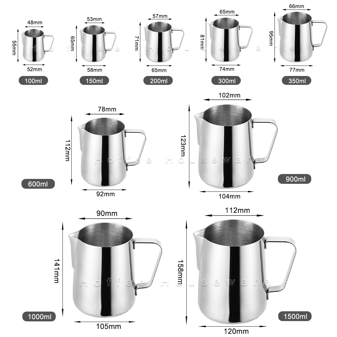 Custom 1.0 mm Stainless Steel Milk Frother Cup Frothing Pitcher Warmer Pot Large Latte Art Coffee Milk Jug Barista Milk Pitcher