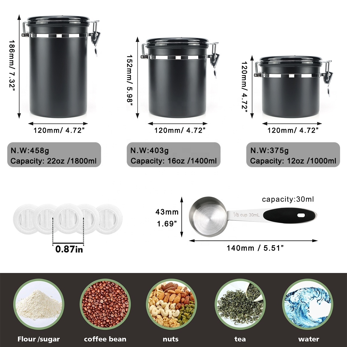 1L 1.4L 1.8L Stainless Steel Food Containers Kitchen Canister Sets Co2 Coffee Canister With Day and Month Tracker And Scoop