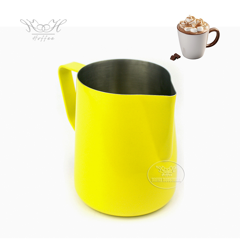 600ml Yellow Custom Logo Barista Milk Pitcher Frother Latte Art Stainless Steel Milk Jug Coffee Milk Warmer Pot Frothing Cup