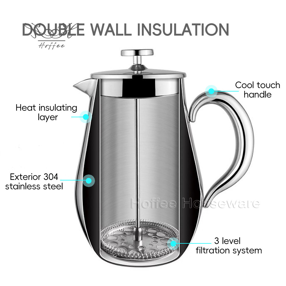 34oz 1L Portable French Press Coffee Maker Double Wall Stainless Steel French Press Pot Filter Tea Sets Hand French Pressure Pot