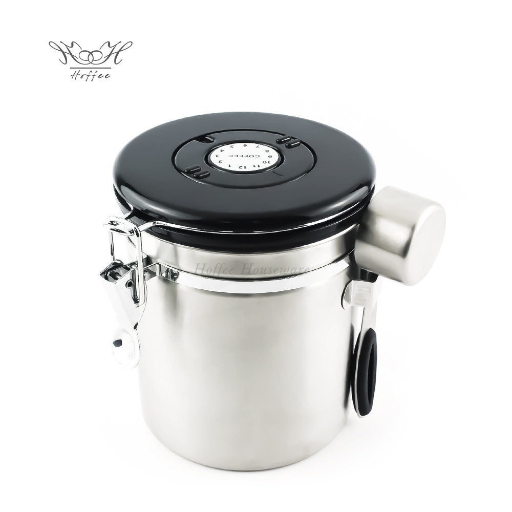 Silver Medium 1.4L Stainless Steel Kitchen Airtight Storage Container Co2 Coffee Bean Canister With Date Tracker And Scoop