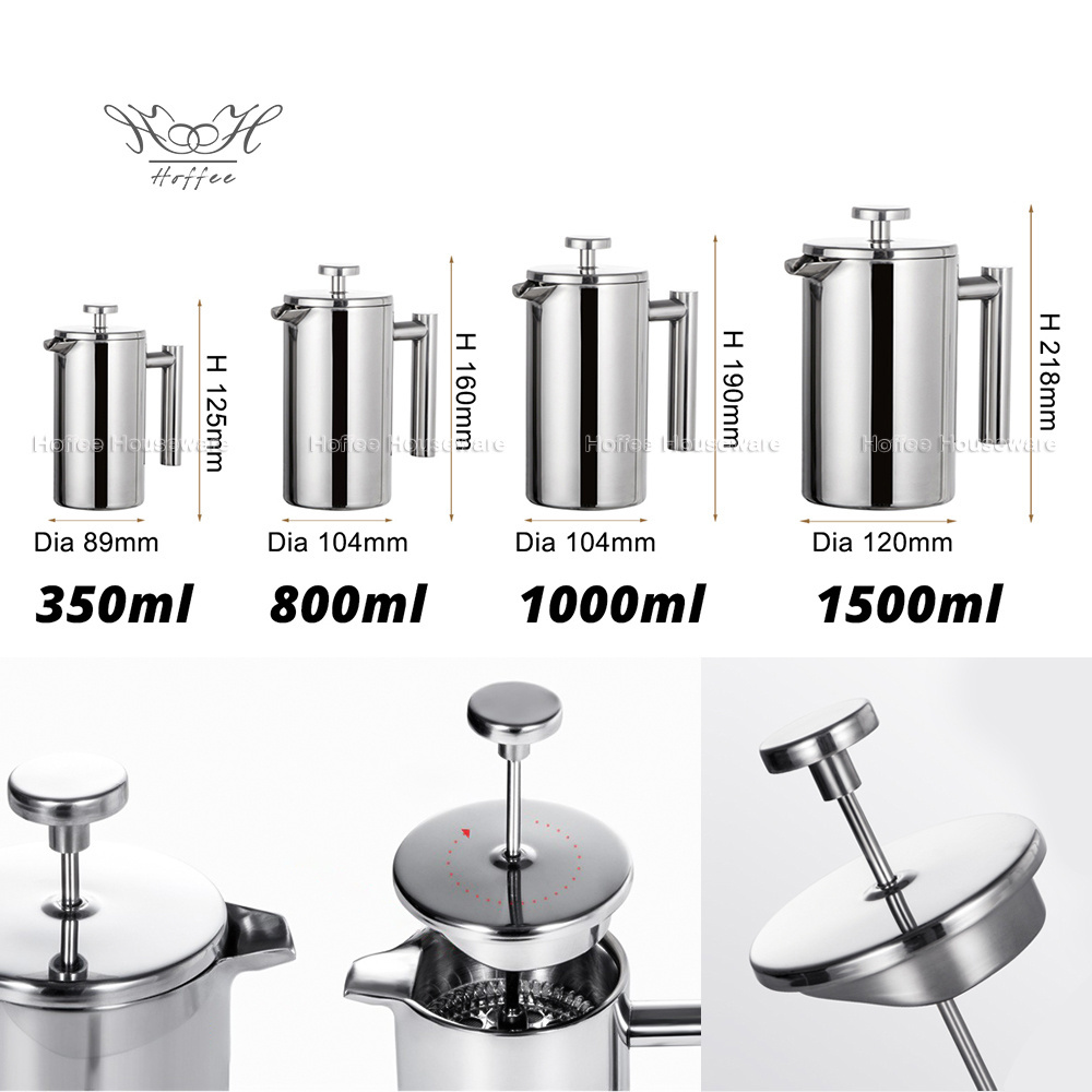 Customized 1000ml Hand French Press Coffee Maker Tea Press Stainless Portable Office Home Camping Large French Press