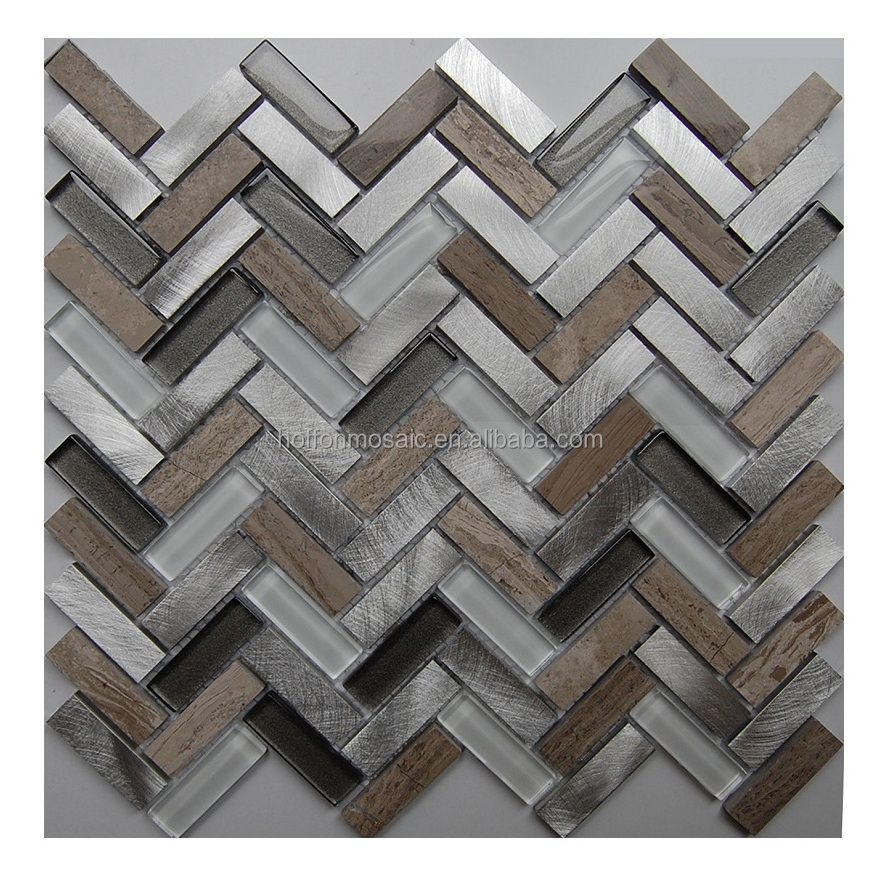 Fish bone design mosaic tile marble aluminum glass mixed Brown color mosaic for bathroom kitchen decoration