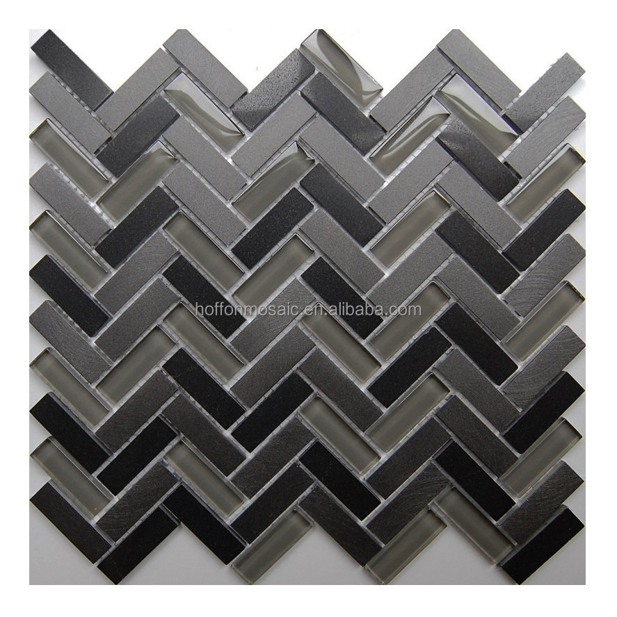 Fish bone design mosaic tile marble aluminum glass mixed Brown color mosaic for bathroom kitchen decoration