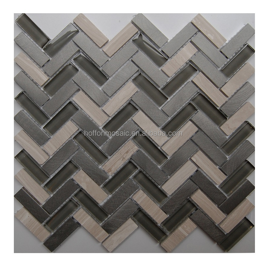 Fish bone design mosaic tile marble aluminum glass mixed Brown color mosaic for bathroom kitchen decoration