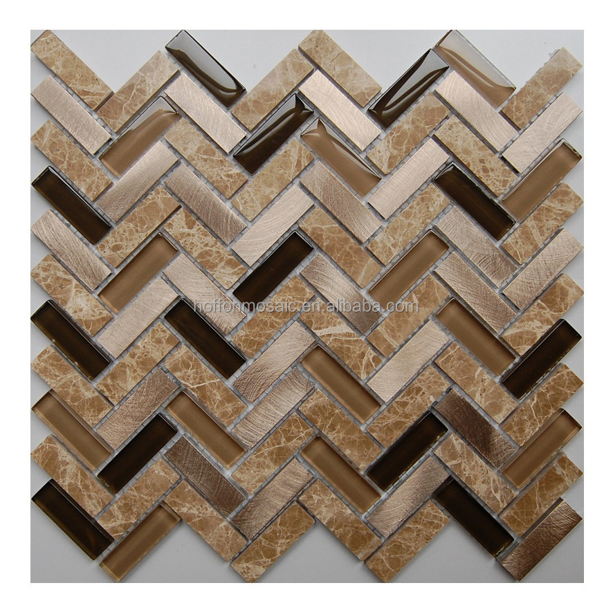 Fish bone design mosaic tile marble aluminum glass mixed Brown color mosaic for bathroom kitchen decoration