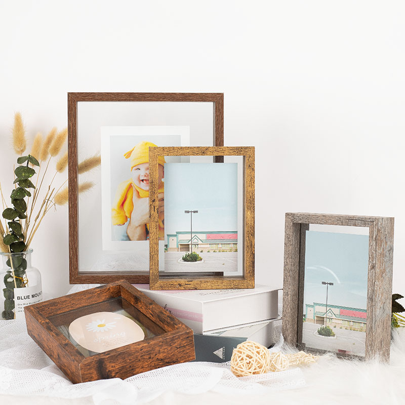 HOFINE Wholesale Transparent Double Sided Glass Picture Wooden Floating Photo Frame art decorative plastic photo frame