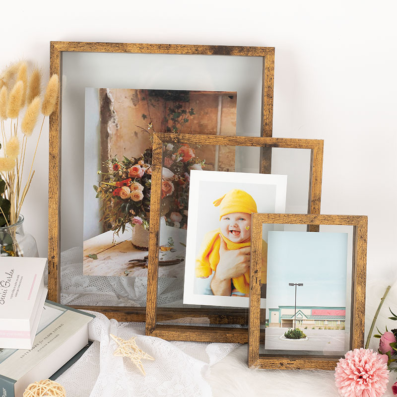 HOFINE Wholesale Transparent Double Sided Glass Picture Wooden Floating Photo Frame art decorative plastic photo frame