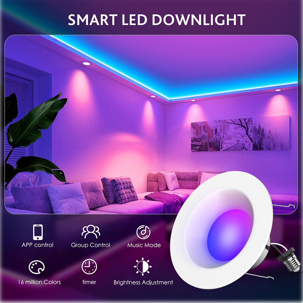 Smart Home LED RGBCW Color Changing Spot Can Lights Baffle Trim E26 Wifi Smart LED Downlight Works With Alexa Google Assistant