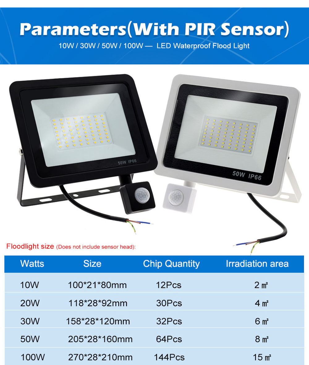 PIR Sensor LED Floodlight Waterproof Security Spotlight 10W 30W 50W 100W 200W LED Flood Light Outdoor for Garden Street Wall