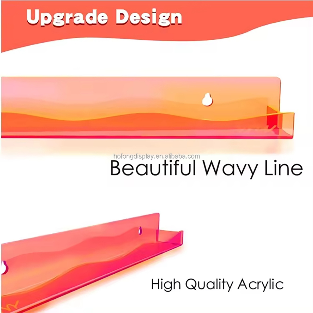 New Design Fluorescent Orange Acrylic Nail Polish Organizer 15 Inch Nail Polish Holder Wall Mounted Shelf with Waved Edge