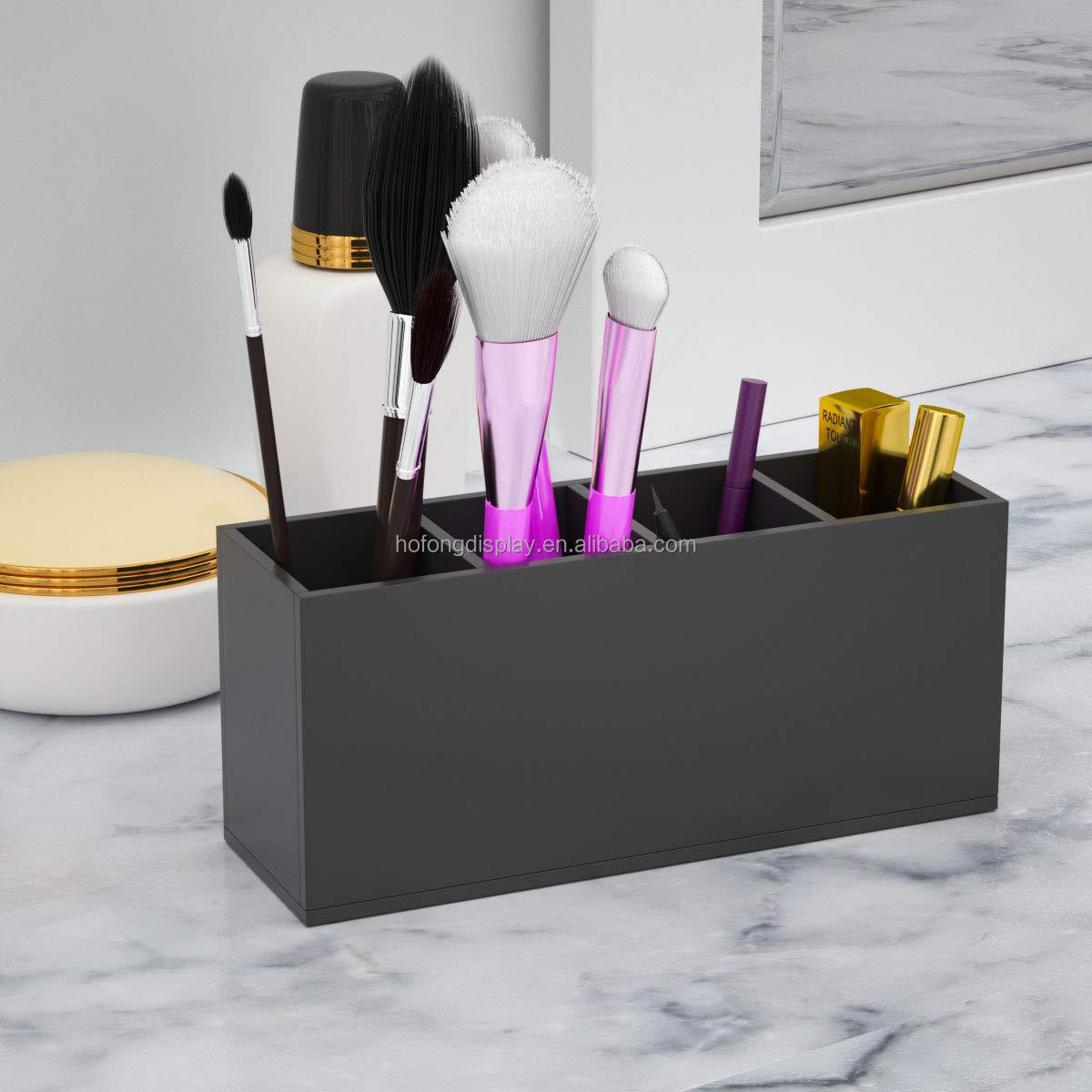 Acrylic Pen Holder 4 Compartments, Clear Pencil Organizer Cup for Countertop Desk Accessory Storage