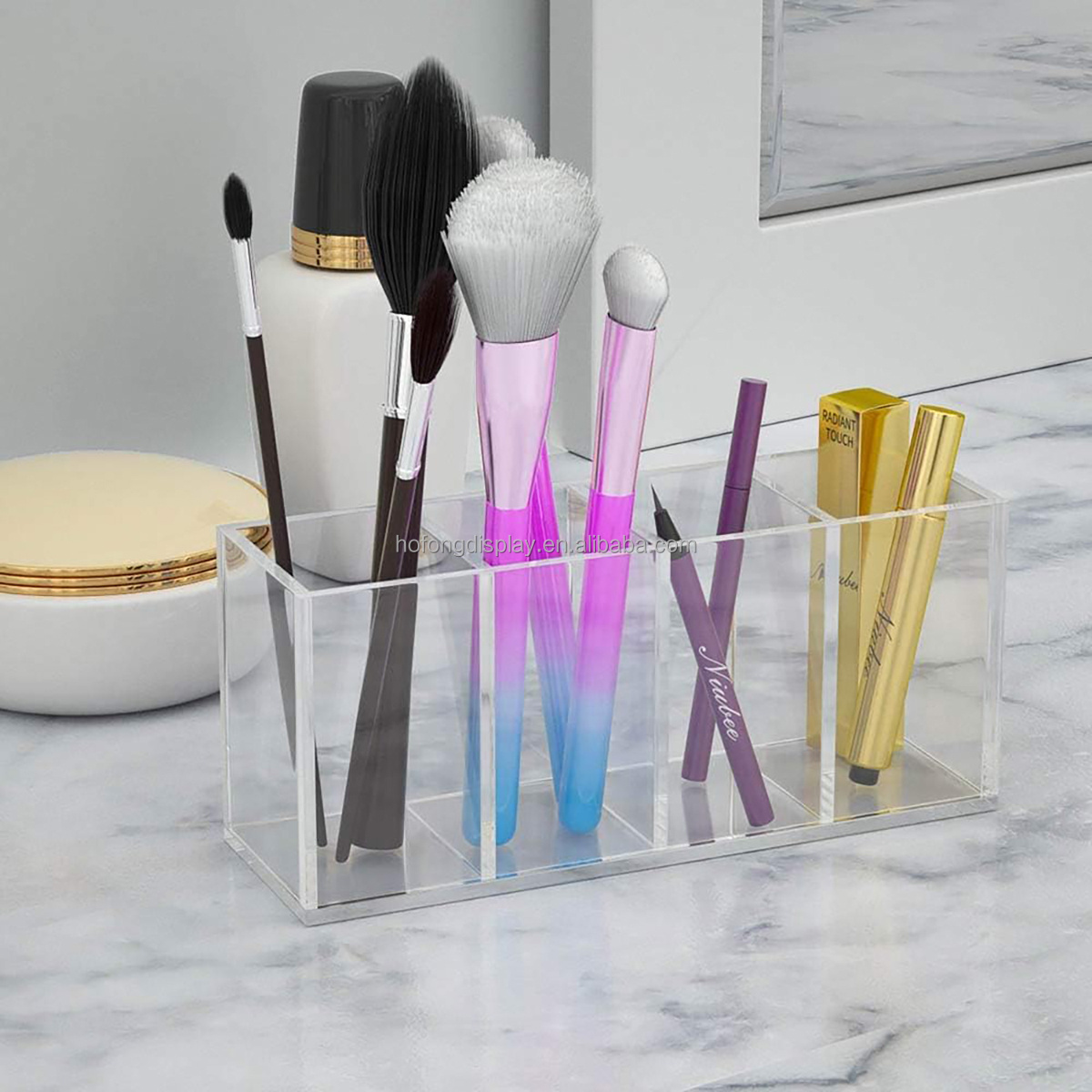 Acrylic Pen Holder 4 Compartments, Clear Pencil Organizer Cup for Countertop Desk Accessory Storage