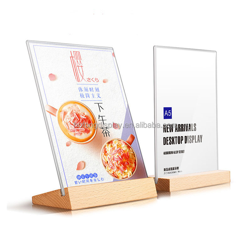 Customizable Acrylic Sign Holder L-Shaped Design Acrylic Framed Wooden Base, Desktop Menu Display Stand, Flyer Display Stand