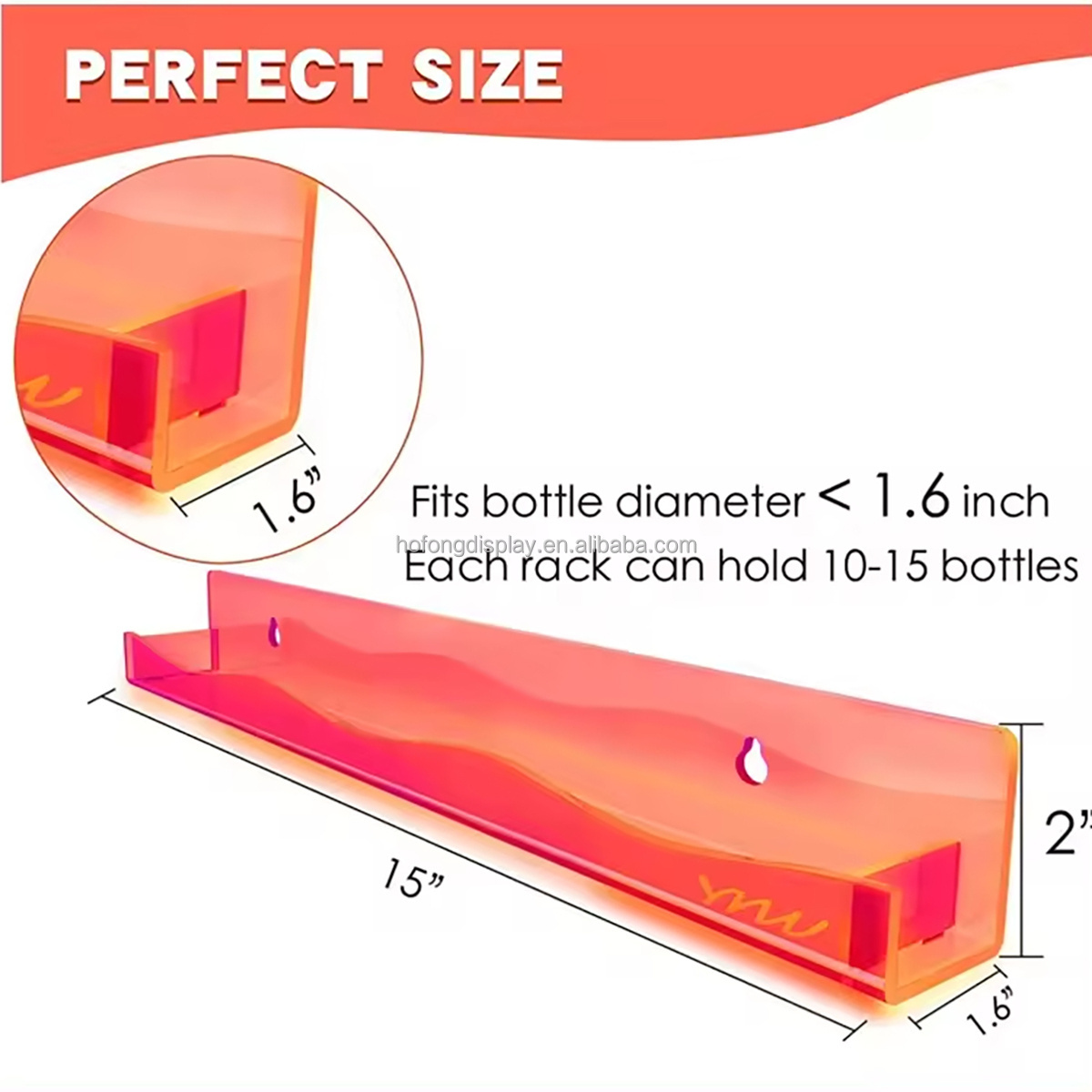 New Design Fluorescent Orange Acrylic Nail Polish Organizer 15 Inch Nail Polish Holder Wall Mounted Shelf with Waved Edge