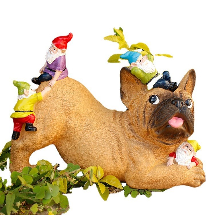 Outdoor Garden Dog With Gnome Statue Sculpture Life Size Realistic French Bulldog Sculpture Dog Figure