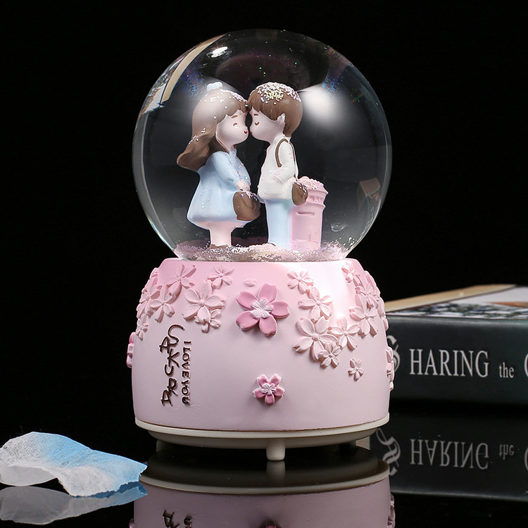 Snowball maker custom water snow globe music couple  wedding gift inflatable Valentine's Day light romantic pink glass snowglobe