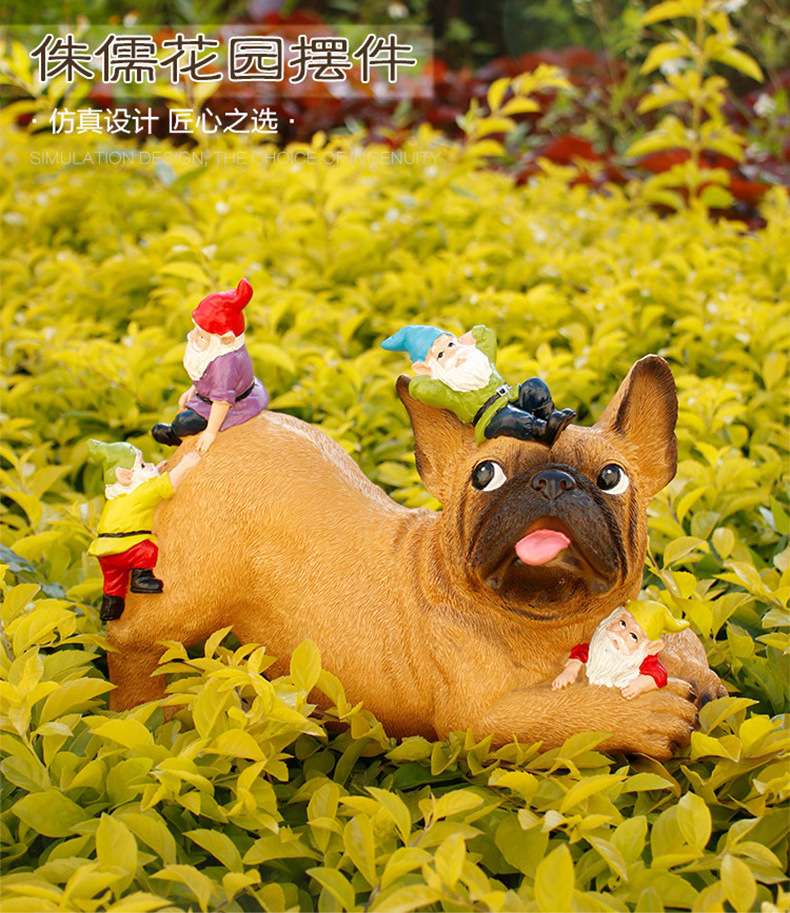 Outdoor Garden Dog With Gnome Statue Sculpture Life Size Realistic French Bulldog Sculpture Dog Figure