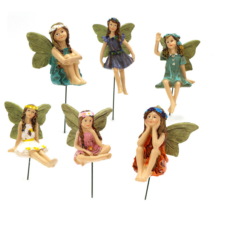 Resin Figurines Miniature Fairy Garden decoration Small Fairy  assort 6pcs with metal stick