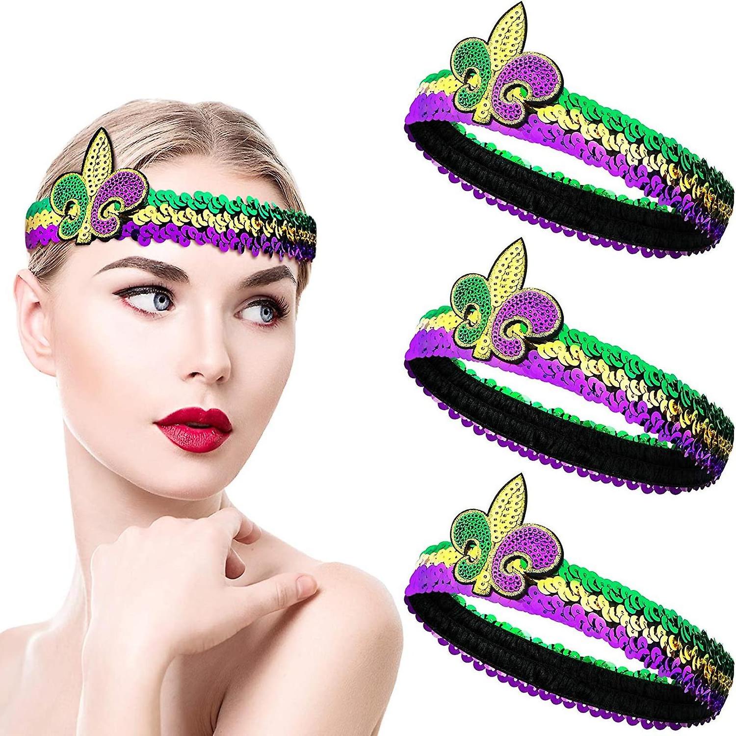 Mardi Gras Fleur De Lis Sequin Headbands Carnival Elastic Glitter Headbands