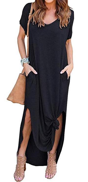 Women's Casual Loose Pocket Long Dress Short Sleeve Split Maxi Dresses