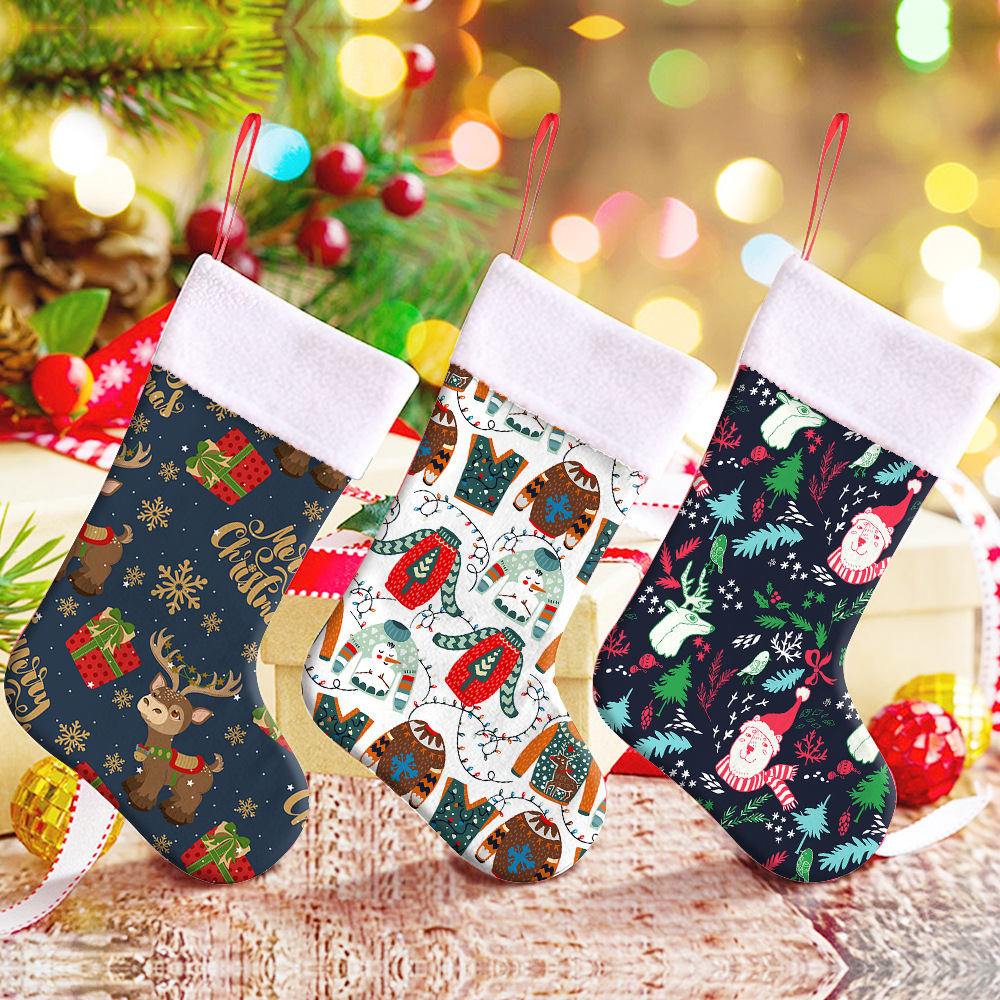 Wholesale Animal Plaid Snowflake Printed Xmas Tree Decoration Stocking Santa Claus Personalized Velvet Plush Christmas Stockings