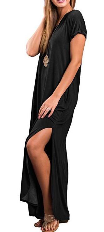 Women's Casual Loose Pocket Long Dress Short Sleeve Split Maxi Dresses