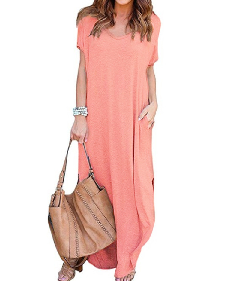 Women's Casual Loose Pocket Long Dress Short Sleeve Split Maxi Dresses