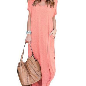 Women's Casual Loose Pocket Long Dress Short Sleeve Split Maxi Dresses