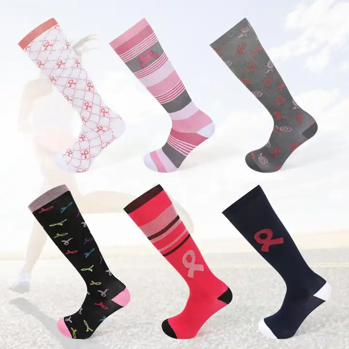 High Quality Breast Cancer Awareness Compression Socks Pink Ribbon Softball Soccer Football Women Socks