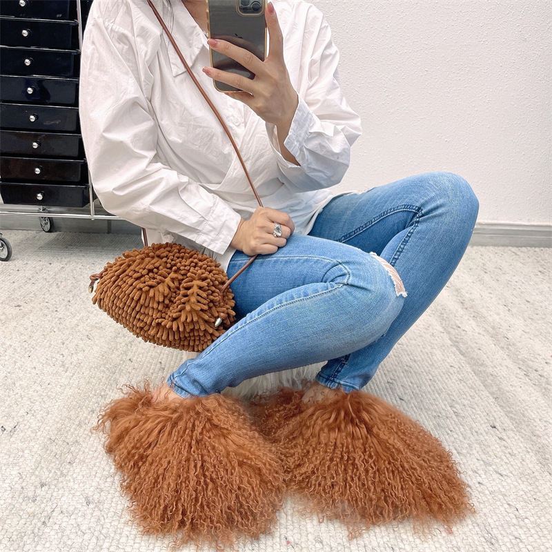 High Quality Solid Mongolian Fur Slides Keep Warm Fashion Fur Winter Slippers For Women