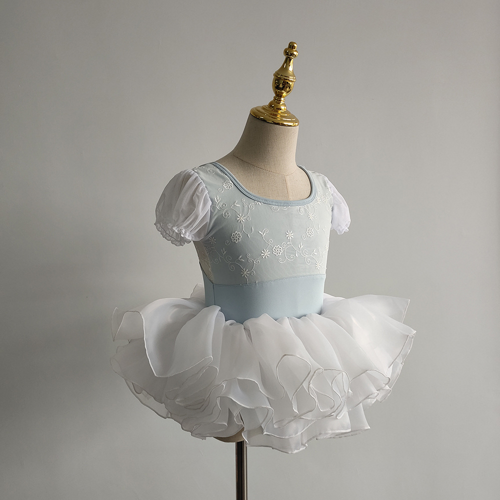 New coming custom design kids girls square neck dance ballet tutu dress light blue with bubble sleeves