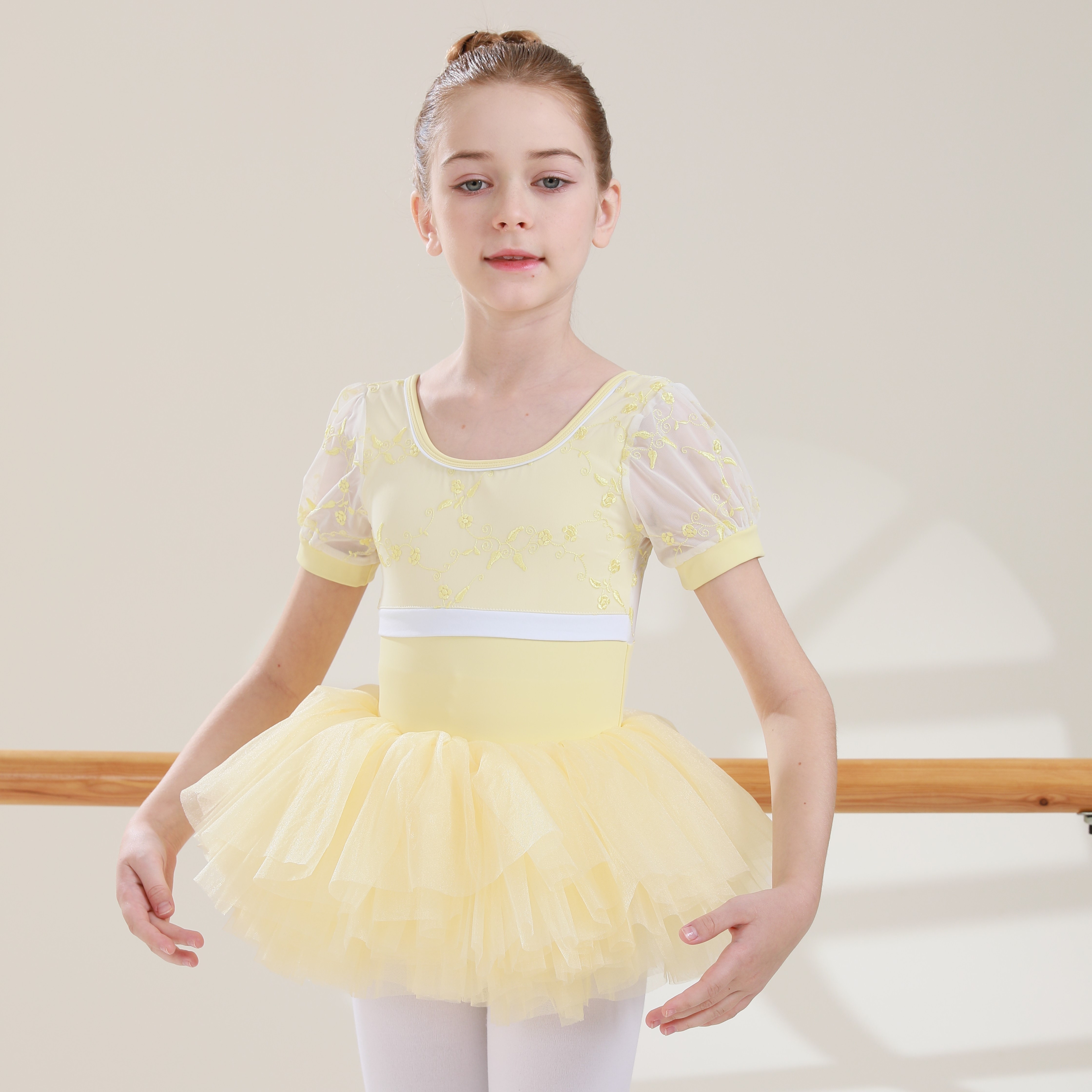 Popular factory own design high quality nylon mesh embroidery beautiful yellow girls kids dance performance ballet tutu dress