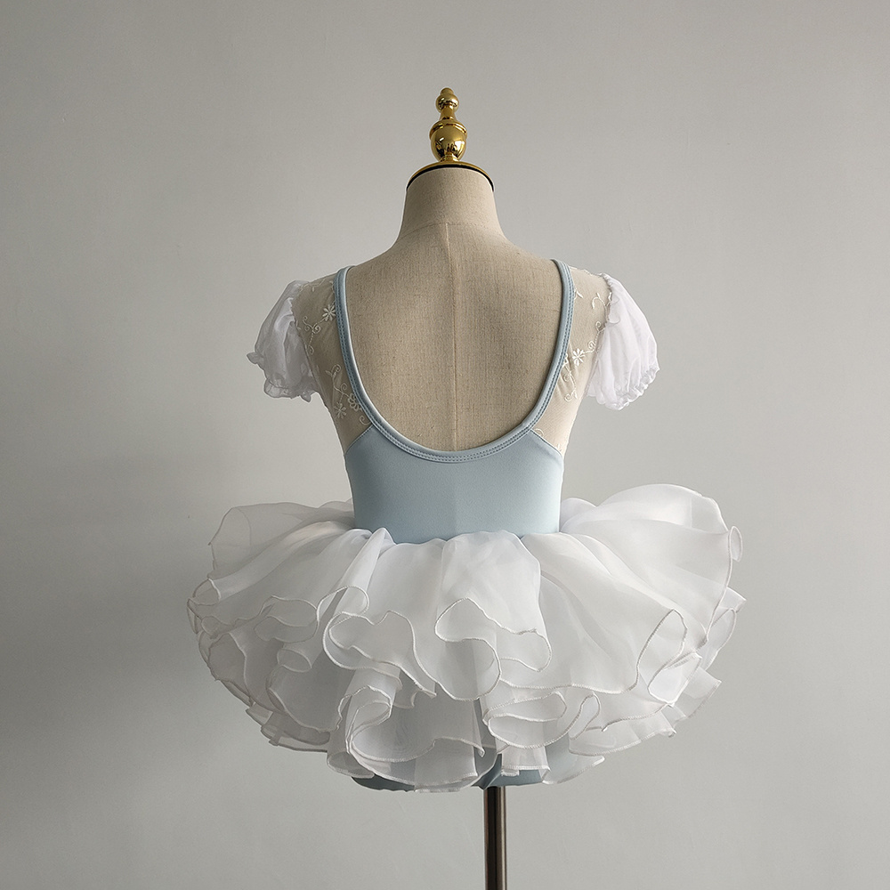 New coming custom design kids girls square neck dance ballet tutu dress light blue with bubble sleeves