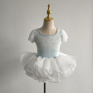 New coming custom design kids girls square neck dance ballet tutu dress light blue with bubble sleeves