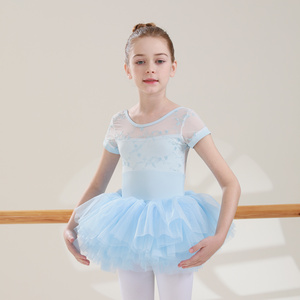 Ready to ship good quality hot sales short sleeves floral mesh nylon spandex embroidery mesh ballet training tutu for girls