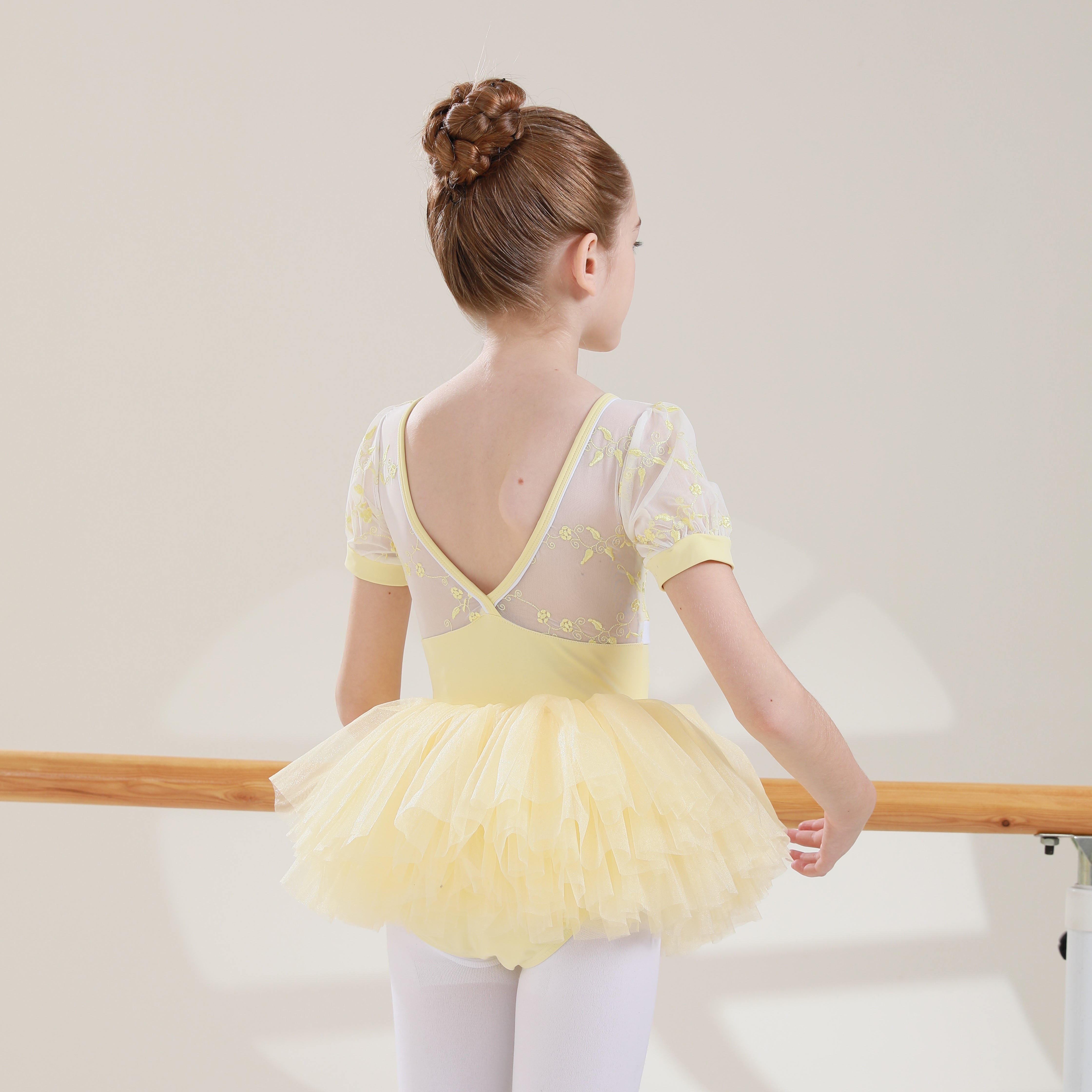 Popular factory own design high quality nylon mesh embroidery beautiful yellow girls kids dance performance ballet tutu dress