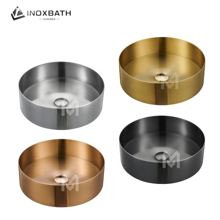 Round Gold 304 Stainless Steel Bathroom Sink Table Top Basin Bar Wash Basin Single Basin Household Sink