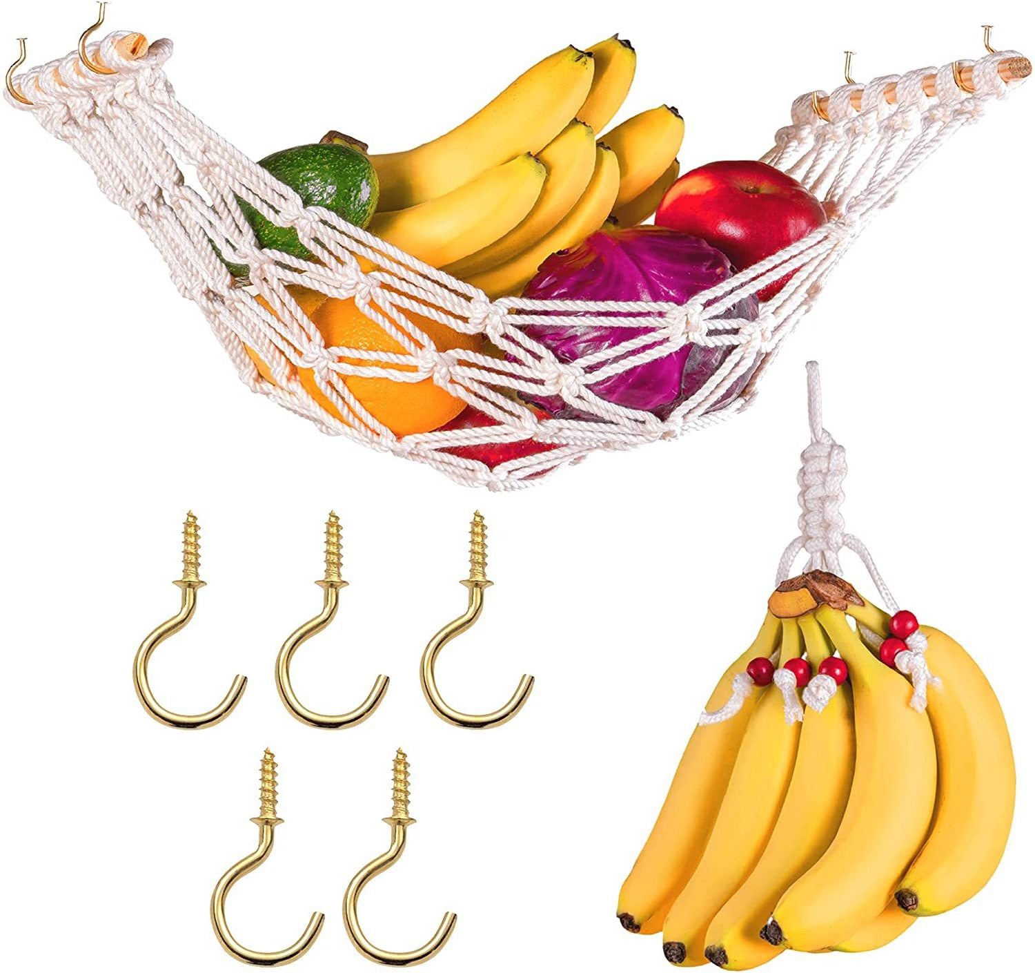 Hot Selling Kitchen Storage Macrame Cotton Fruit Banana Vegetable Hammock Under Cabinet Hanging Fruit Basket Holder