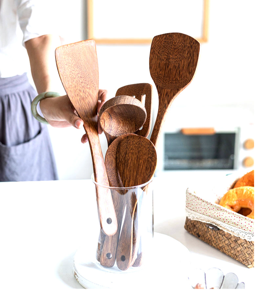 Wholesale Customize Size Logo Acacia Wooden Cooking 9pcs Utensils Natural Teak Kitchen Tool Bento Box