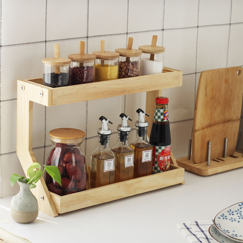 Wooden double-layer storage rack Kitchen oil salt sauce vinegar storage rack Solid wood 2-layer seasoning table storage rack