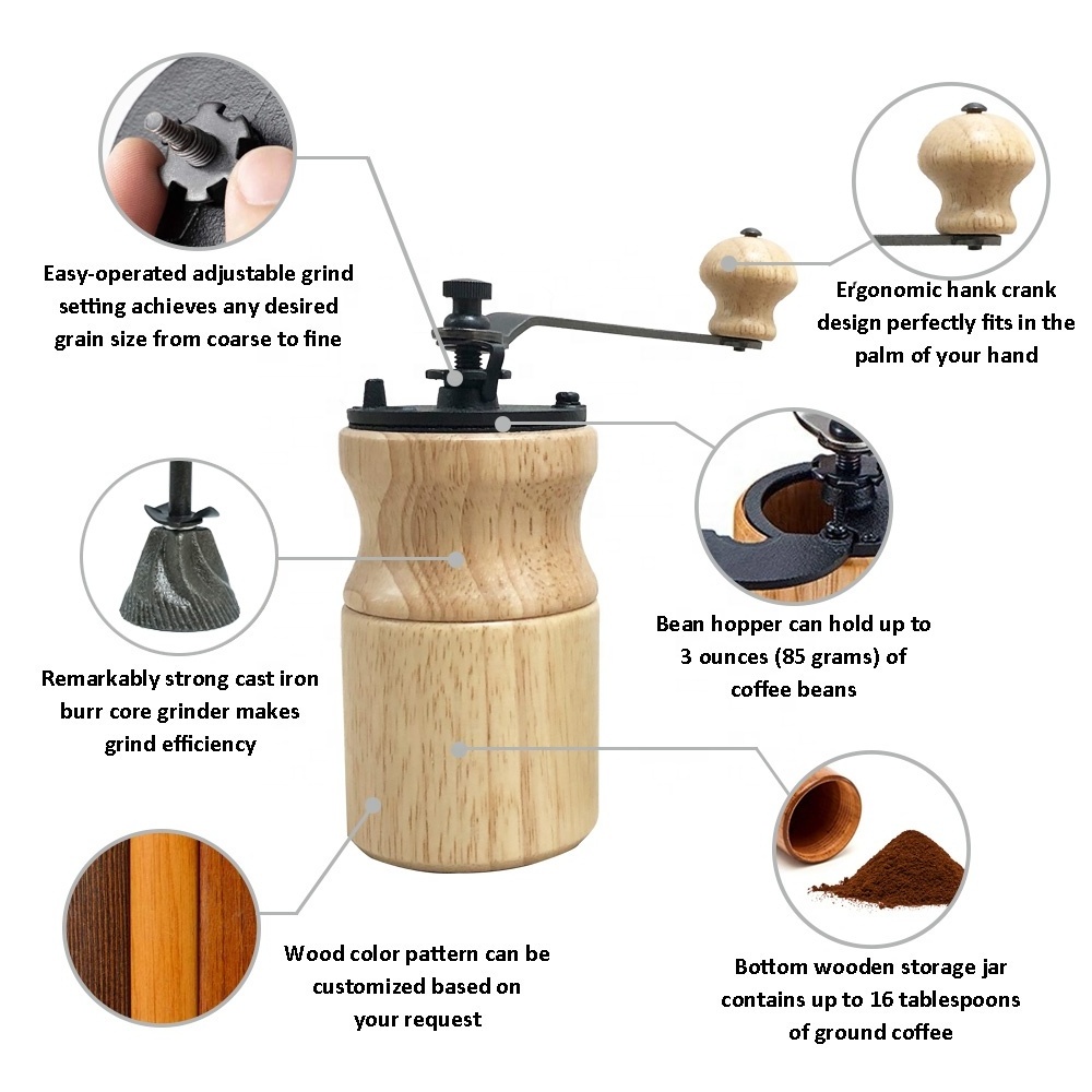 [Holar] Taiwan Made Adjustable Portable Wooden Manual Hand Coffee Grinder with Cast Iron Burr Hand Crank