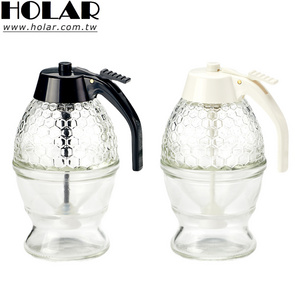 [Holar] Taiwan Made 8 Oz Honey Comb Shaped Glass Honey Dispenser with Black White Handle