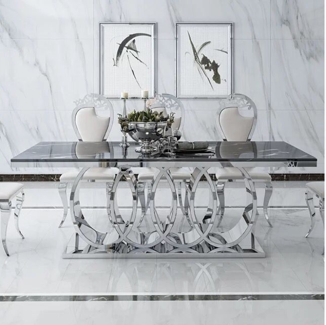 Modern Furniture Wholesale New Design Fancy Luxury Marble Tops Stainless Steel Dinning Table Set With Chairs 6 Seater