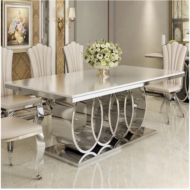 Modern Furniture Wholesale New Design Fancy Luxury Marble Tops Stainless Steel Dinning Table Set With Chairs 6 Seater