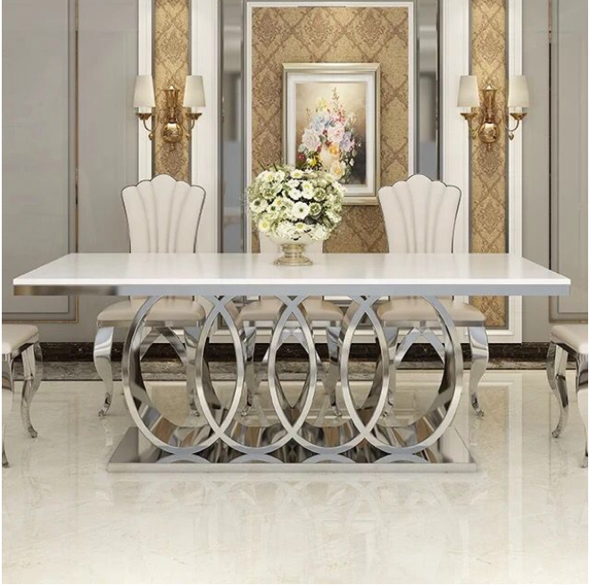 Modern Furniture Wholesale New Design Fancy Luxury Marble Tops Stainless Steel Dinning Table Set With Chairs 6 Seater