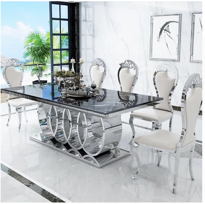 Modern Furniture Wholesale New Design Fancy Luxury Marble Tops Stainless Steel Dinning Table Set With Chairs 6 Seater