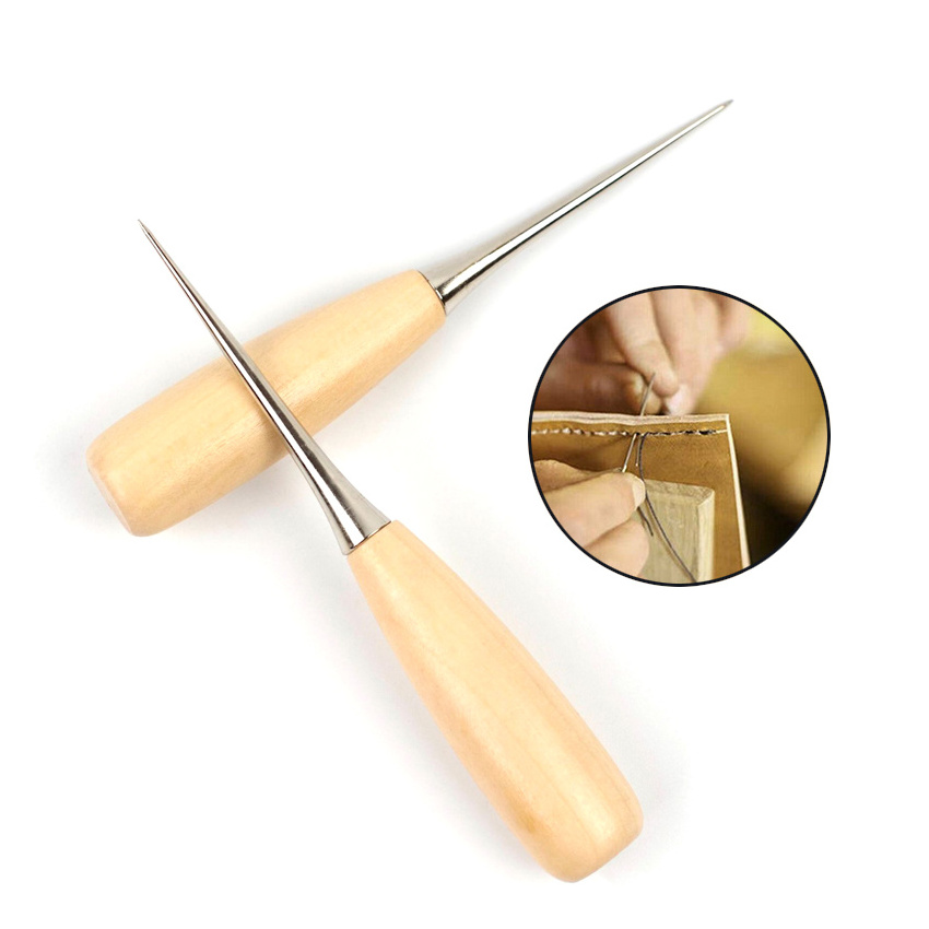 New 1Pc Professional Cloth Awl Sewing Tool Hole Punching Leather Wood Handle Steel awl Craft Stitching Leather Tools HA01513